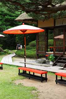 Foto, materiell, befreit, Landschaft, Bild, hat Foto auf Lager,Oyaku-en Garden, der Httenpalast lehnt, zhlen Sie Schirm zusammen, Japanisch-Stilgebude, Tee-Zeremonienzimmer, Ruhenstation