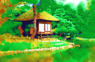 illustration,material,free,landscape,picture,painting,color pencil,crayon,drawing,Oyaku-en Garden comfort Kotobuki bower, garden plant, shoji, Japanese garden, Thatch