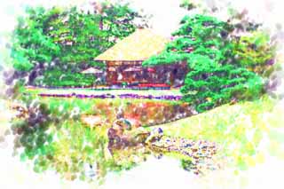 illustration,material,free,landscape,picture,painting,color pencil,crayon,drawing,Oyaku-en Garden resting booth palace, sum umbrella, Japanese-style building, tea-ceremony room, rest station