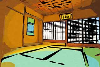 illust, material, livram, paisagem, quadro, pintura, lpis de cor, creiom, puxando,Oyaku-en Garden conforto pavilho de Kotobuki, Quarto de Japons-estilo, tatami esteiram, shoji, rolo de papel suspenso