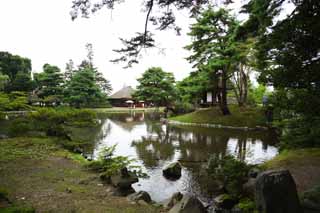 Foto, materiell, befreit, Landschaft, Bild, hat Foto auf Lager,Der Teich des Oyaku-en Garden Gefhlscharakters, Gartenpflanze, Gartenarbeit, Japanisch grtnert, Kiefer