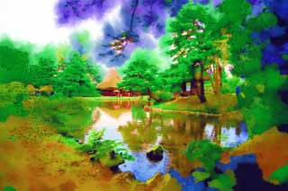 Illust, materieel, vrij, landschap, schilderstuk, schilderstuk, kleuren potlood, crayon, werkje,De waterplas van de Oyaku-en Tuinieren gevoel karakter, Tuinplant, Tuinier, Japanse tuin, Pijnboom