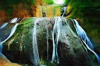 illust, materiell, befreit, Landschaft, Bild, Gemlde, Farbbleistift, Wachsmalstift, Zeichnung,,Ein Wasserfall von Fukuroda, westing Buddhistischer Priester, Takikawa, Kuji-Fluss, Komon Mito