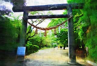 illust, materiell, befreit, Landschaft, Bild, Gemlde, Farbbleistift, Wachsmalstift, Zeichnung,,Ein torii des Tokiwa Shrine-Ostens, Komon Mito, Mitsukuni, Nariaki Tokugawa, Schintoistischer Schrein