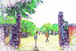 illustration,material,free,landscape,picture,painting,color pencil,crayon,drawing,The Kairaku-en Garden east gate, Bairin, Japanese garden, Nariaki Tokugawa, tourist