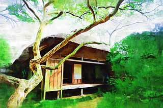Illust, materieel, vrij, landschap, schilderstuk, schilderstuk, kleuren potlood, crayon, werkje,Kairaku-en Garden Yoshifumi bower, Jap gebouw, Riet, Shoji, Handelswaar yardstick