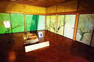 illust, material, livram, paisagem, quadro, pintura, lpis de cor, creiom, puxando,Kairaku-en Garden pavilho de Yoshifumi, fusuma imaginam, O pneo do roupo de um anjo, quadro, 