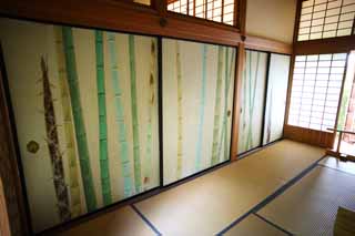 fotografia, material, livra, ajardine, imagine, proveja fotografia,Kairaku-en Garden pavilho de Yoshifumi, fusuma imaginam, Bambu, quadro, tatami esteiram