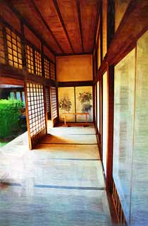 illust, materiell, befreit, Landschaft, Bild, Gemlde, Farbbleistift, Wachsmalstift, Zeichnung,,Kairaku-en Garden Yoshifumi-Laube, Korridor, tatami verfilzt, fusuma stellt sich vor, shoji