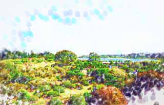 Illust, materieel, vrij, landschap, schilderstuk, schilderstuk, kleuren potlood, crayon, werkje,Kairaku-en Tuin tuinieren, Japanse tuin, Plas Chinami, Nariaki Tokugawa, Tuinier