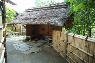 Foto, materiell, befreit, Landschaft, Bild, hat Foto auf Lager,Kairaku-en Garden Yoshifumi-Laube, Dachstroh, Teezeremonie, Japanisch-Stilgebude, Toilette