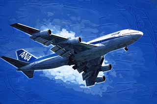 illust, materiell, befreit, Landschaft, Bild, Gemlde, Farbbleistift, Wachsmalstift, Zeichnung,,Ein Jumbo-Jet Passagierflugzeug, Ausrstung, Klappe, Dsenmotor, Flgel