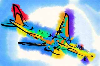 illustration,material,free,landscape,picture,painting,color pencil,crayon,drawing,A jetliner, gear, flap, jet engine, wing