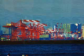 illustration,material,free,landscape,picture,painting,color pencil,crayon,drawing,A container crane, cargo boat, container, HYUNDAI, wharf