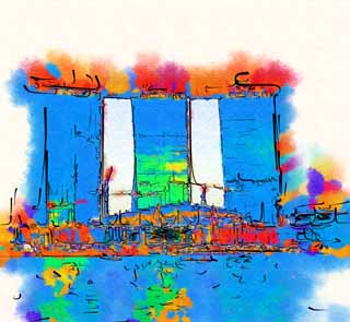 illust, materiale, libero panorama, ritratto dipinto, matita di colore disegna a pastello, disegnando,Singapore, La macchia di costruzione, luogo di costruzione, edificio a molti piani, facilit turistica