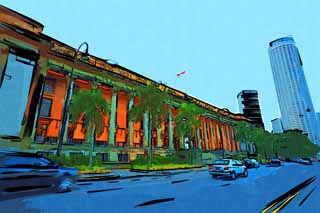 illustration,material,free,landscape,picture,painting,color pencil,crayon,drawing,A city hall, I light it up, dome, stone pillar, Victoria style