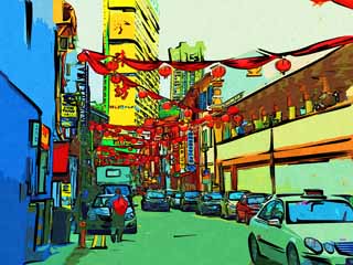 illust,tela,gratis,paisaje,fotografa,idea,pintura,Lpiz de color,dibujo,Chinatown, Tienda, Linterna, Automvil, Distrito de compras