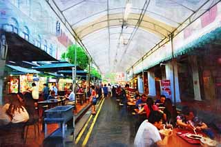 illustration,material,free,landscape,picture,painting,color pencil,crayon,drawing,Chinatown, table, restaurant, An arcade, shopping district