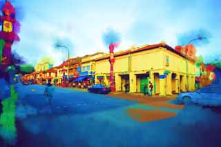 illustration,material,free,landscape,picture,painting,color pencil,crayon,drawing,Little India, shopping district, car, bank, pedestrian crossing