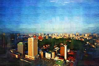 illustration,material,free,landscape,picture,painting,color pencil,crayon,drawing,The Singaporean daybreak, Skyscrapers, The morning sun, Quiet morning, blue sky