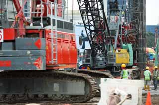 Foto, materieel, vrij, landschap, schilderstuk, bevoorraden foto,Een zwaar industrieele machine, Rups bewandelen, Kraan, Bouwplaats, De constructie stip