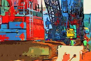 illust, matire, libre, paysage, image, le tableau, crayon de la couleur, colorie, en tirant,Une machine industrielle lourde, pas de la chenille, grue, site de la construction, La tache de la construction