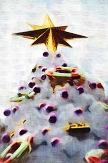 illust, materiale, libero panorama, ritratto dipinto, matita di colore disegna a pastello, disegnando,Un albero di Natale, stella, Neve, Un ornamento, X'mas