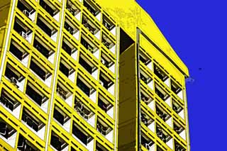 Illust, materieel, vrij, landschap, schilderstuk, schilderstuk, kleuren potlood, crayon, werkje,Een appartement, Huis, Multifamily behuizing, Hoog huis, Geel