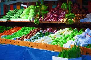 illustration,material,free,landscape,picture,painting,color pencil,crayon,drawing,A vegetable store, vegetable store, banana, Japanese radish, Herb