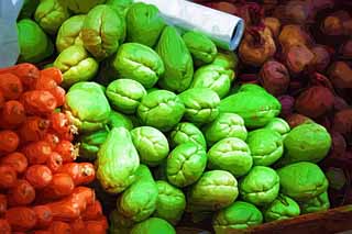 illustration,material,free,landscape,picture,painting,color pencil,crayon,drawing,A chayote, vegetable store, chayote, Sen Nari gourd, cluster gourd