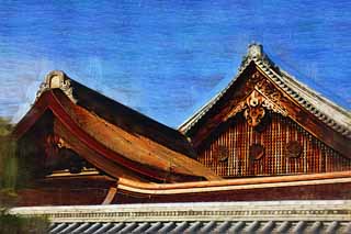 illustration,material,free,landscape,picture,painting,color pencil,crayon,drawing,West Honganji study, Honganji, Chaitya, Shinran, roof tile