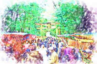 illustration,material,free,landscape,picture,painting,color pencil,crayon,drawing,Ishigami major shrine approach to a shrine, The Japanese Chronicle of Japan, description of folk history, torii, stand