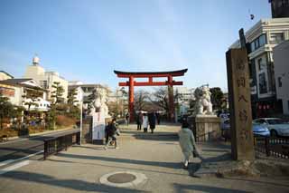 photo,material,free,landscape,picture,stock photo,Creative Commons,Hachiman-gu Shrine approach to a shrine, torii, pair of stone guardian dogs, An approach to a shrine, lantern