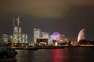 fotografia, material, livra, ajardine, imagine, proveja fotografia,Yokohama Minato Mirai 21, torre de marco, Ferris roda, Um parque de diverses, cidade modelo futura