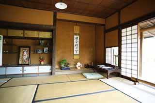 Foto, materiell, befreit, Landschaft, Bild, hat Foto auf Lager,Meiji-mura-Dorf Museum Rohan Kouda-Haus [eine Schneckeneinsiedelei], tokonoma, tatami verfilzt, das Hngen von Schriftrolle, Kulturelles Erbe