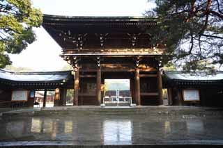 Foto, materiell, befreit, Landschaft, Bild, hat Foto auf Lager,Meiji Shrine-Turm Tor, Der Kaiser, Schintoistischer Schrein, torii, Schnee