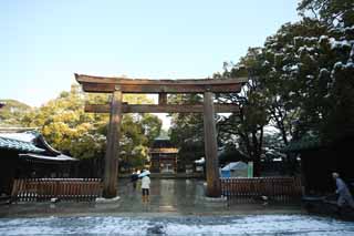 Foto, materiell, befreit, Landschaft, Bild, hat Foto auf Lager,Meiji Shrine torii, Der Kaiser, Schintoistischer Schrein, torii, Schnee