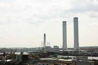 fotografia, materiale, libero il panorama, dipinga, fotografia di scorta,Un'area industriale di Kawasaki, camino, fabbrica, strada pubblica, serbatoio