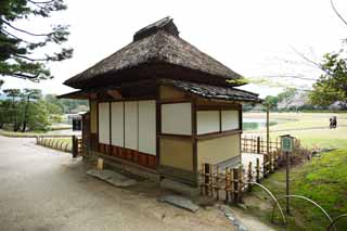 photo, la matire, libre, amnage, dcrivez, photo de la rserve,Koraku-en Jardin, toit paille-de chaume, shoji, Pice du Japonais-style, Architecture de la tradition