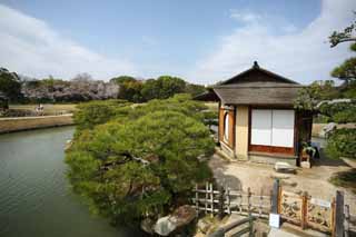 Foto, materiell, befreit, Landschaft, Bild, hat Foto auf Lager,Korakuen Island, der Htte lehnt, das Ausruhen von Htte, Brcke, Tee-Zeremonienzimmer, Japanisch grtnert