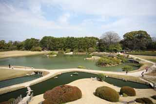 Foto, materiell, befreit, Landschaft, Bild, hat Foto auf Lager,Der Teich des Koraku-en Garden-Sumpfes, das Ausruhen von Htte, Rasen, Teich, Japanisch grtnert