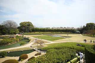 Foto, materiell, befreit, Landschaft, Bild, hat Foto auf Lager,Der Teich des Koraku-en Garden-Sumpfes, das Ausruhen von Htte, Rasen, Teich, Japanisch grtnert