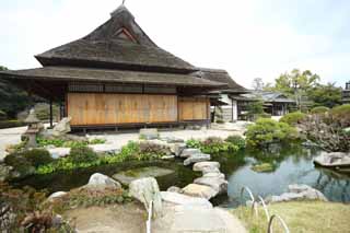 fotografia, material, livra, ajardine, imagine, proveja fotografia,Koraku-en ajardinam Enyoutei, lagoa, Edifcio de Japons-estilo, telhado palha-colmado, Japons ajardina