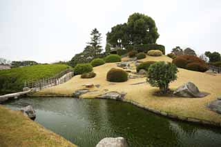 Foto, materiell, befreit, Landschaft, Bild, hat Foto auf Lager,Mt. Koraku-en Garden-Verstand, der die uerst Wirklichkeit des Universums ist, Eine Welle, Tsukiyama, Ich bin hlzern, Japanisch grtnert