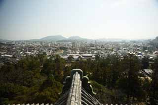 fotografia, materiale, libero il panorama, dipinga, fotografia di scorta,La citt di Matsue, tegola di tetto, costruendo, pino, cielo blu