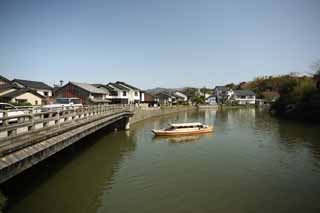 fotografia, materiale, libero il panorama, dipinga, fotografia di scorta,Matsue-jo il Castello, Facendo il turista nave, ponte, fossato, Ishigaki