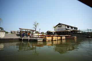 Foto, materieel, vrij, landschap, schilderstuk, bevoorraden foto,Matsue-jo Kasteel bezoekende touristenplaats schip, Bezoekende touristenplaats schip, Schip, Moat, De oppervlakte van het water