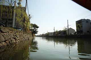 fotografia, material, livra, ajardine, imagine, proveja fotografia,Matsue-jo fosso de Castelo, Visitando lugares tursticos navio, navio, fosso, Ishigaki