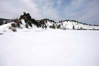 Foto, materieel, vrij, landschap, schilderstuk, bevoorraden foto,Kusatsu Mt. Shirane besneeuwd veld, Boom, Blauwe lucht, Hoge berg, Gedaante van een boom