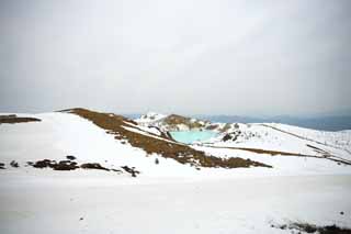 photo,material,free,landscape,picture,stock photo,Creative Commons,Kusatsu Mt. Shirane kettle, volcano, blue sky, Snow, Bave rock